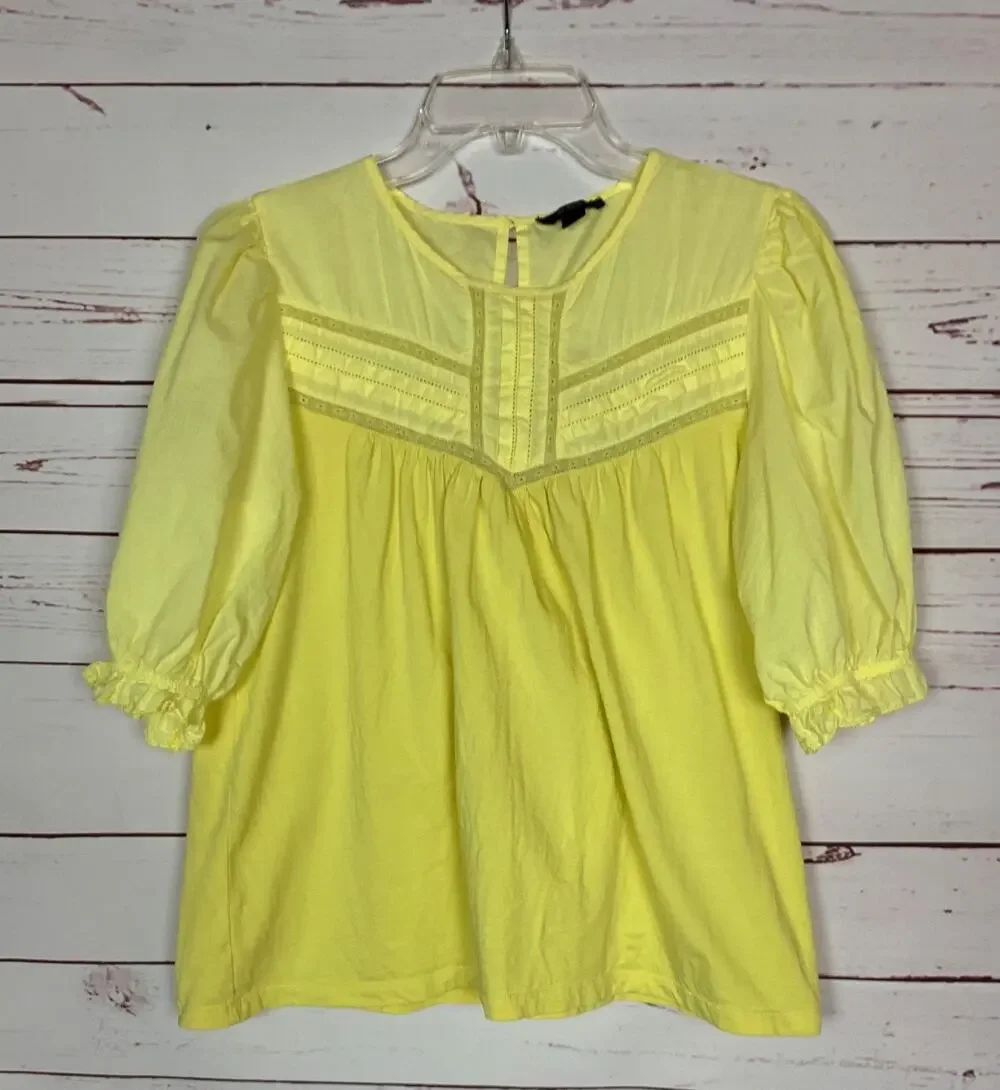 J. Crew Women's M Medium Yellow Lace Puff Short Sleeve Preppy Cotton Top Blouse